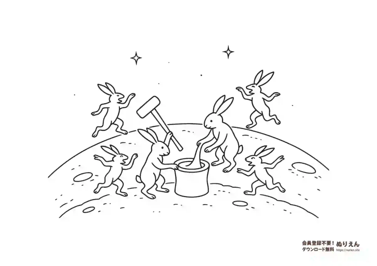 鳥獣戯画風のうさぎたちが月で餅つきをするぬりえ｜十五夜・お月見向け