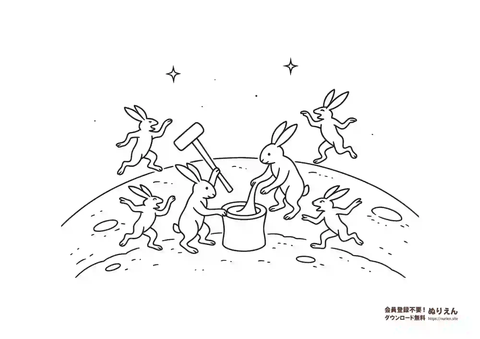 鳥獣戯画風のうさぎたちが月で餅つきをするぬりえ｜十五夜・お月見向け
