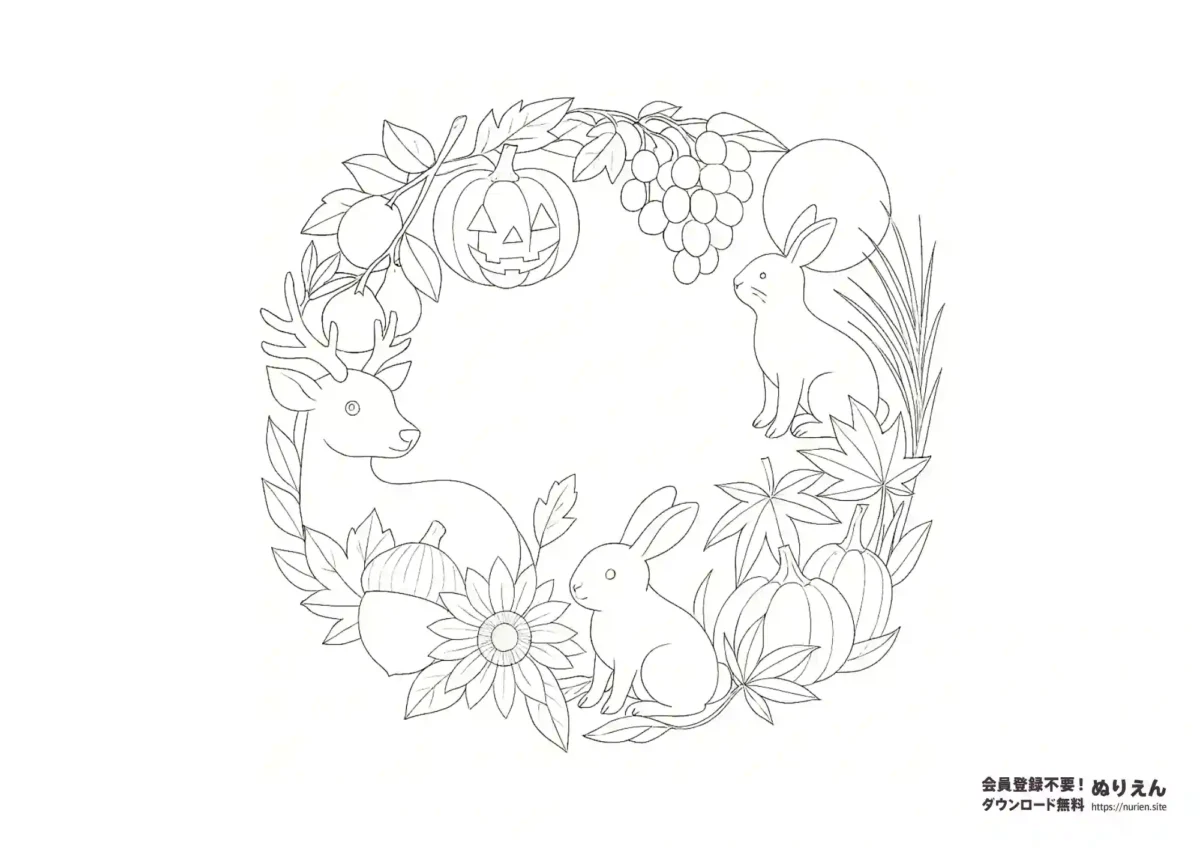 秋のリースにシカとウサギとかぼちゃが描かれたぬりえ