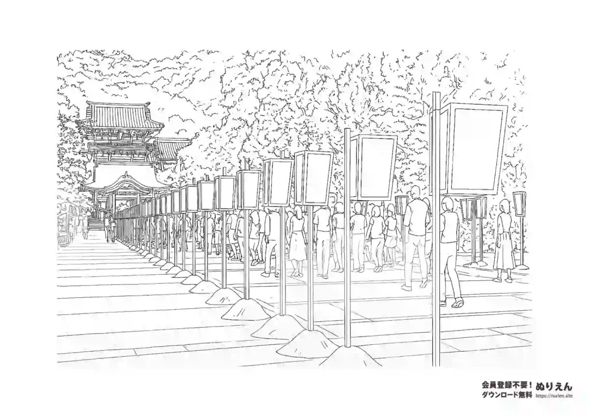 鎌倉・鶴岡八幡宮のぼんぼり祭りを描いたぬりえ