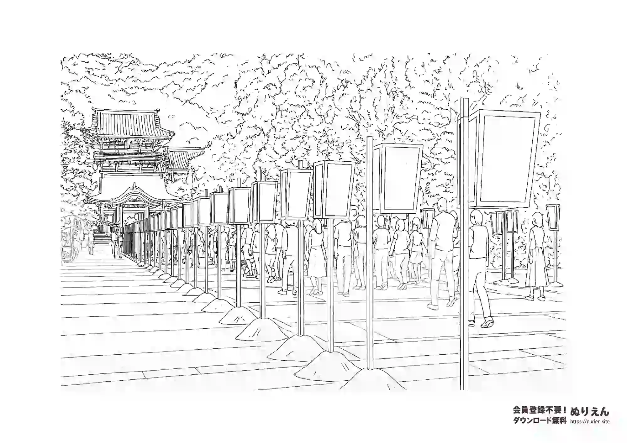 鎌倉・鶴岡八幡宮のぼんぼり祭りを描いたぬりえ