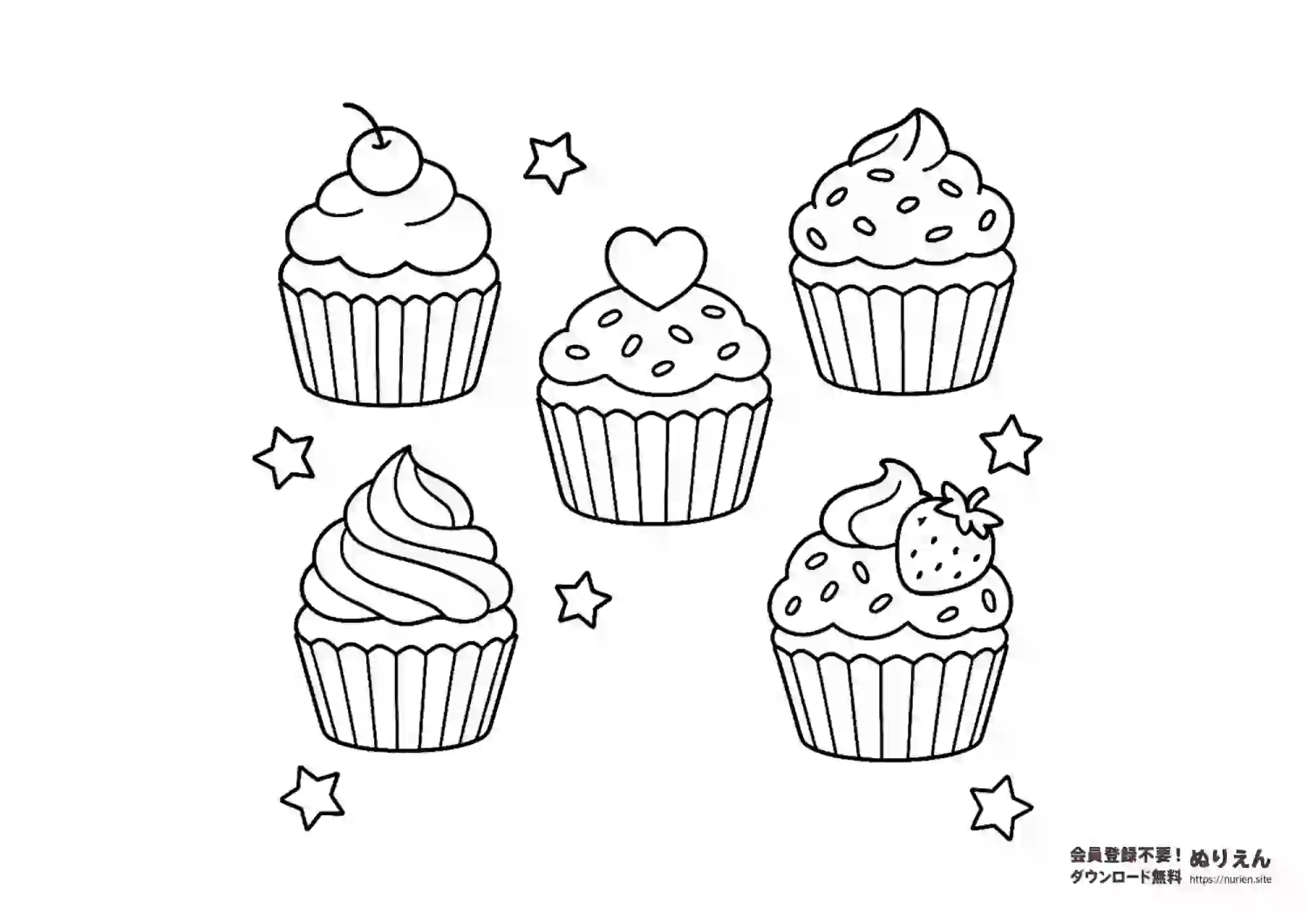 カップケーキのぬりえ かわいいスイーツイラスト