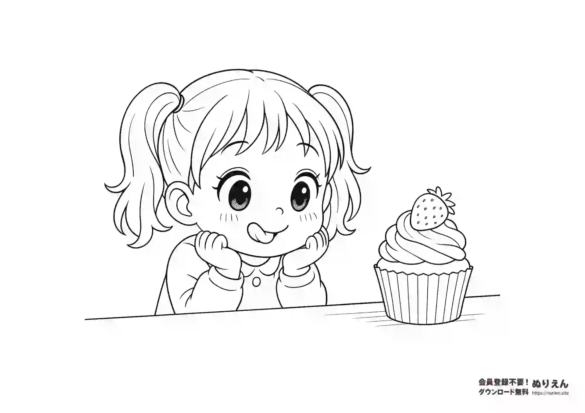 カップケーキを見つめる女の子のぬりえ｜スイーツにときめく子どもの無料塗り絵