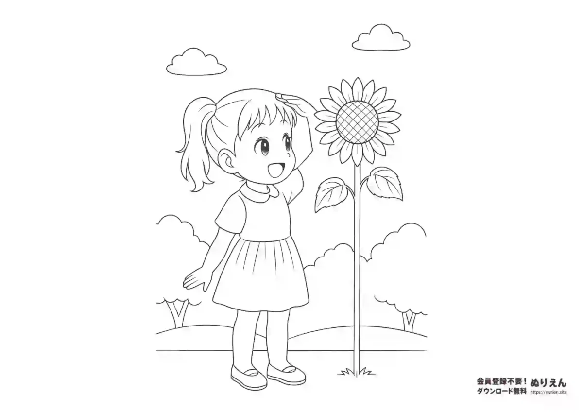 ひまわりと背比べをする女の子のぬりえ｜夏の花と子どもの無料塗り絵
