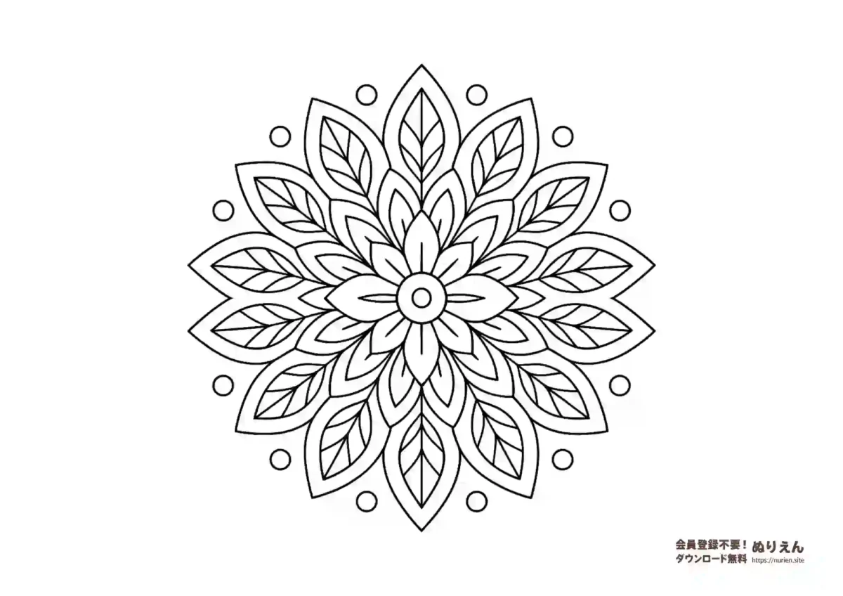 花と葉をモチーフにした中級向け曼荼羅ぬりえ｜少し細かい模様