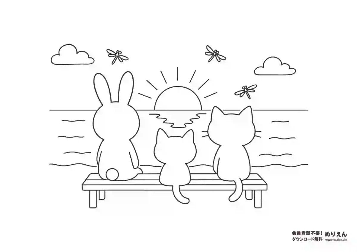 うさぎとねこが夕日を眺める秋のぬりえ