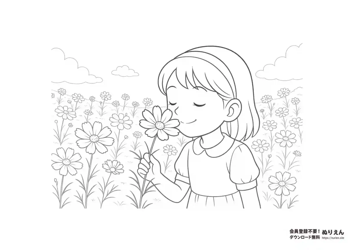 秋のコスモス畑で花を楽しむ女の子のぬりえ