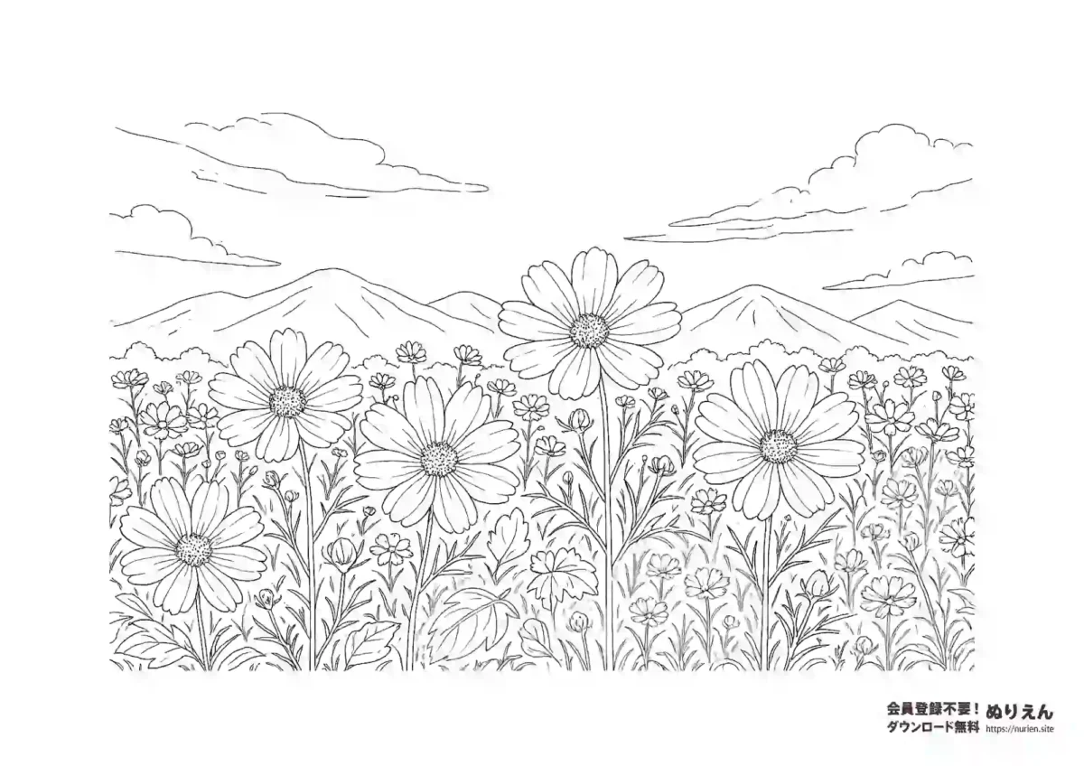 山とコスモス畑の無料ぬりえ｜秋の花と風景の塗り絵素材