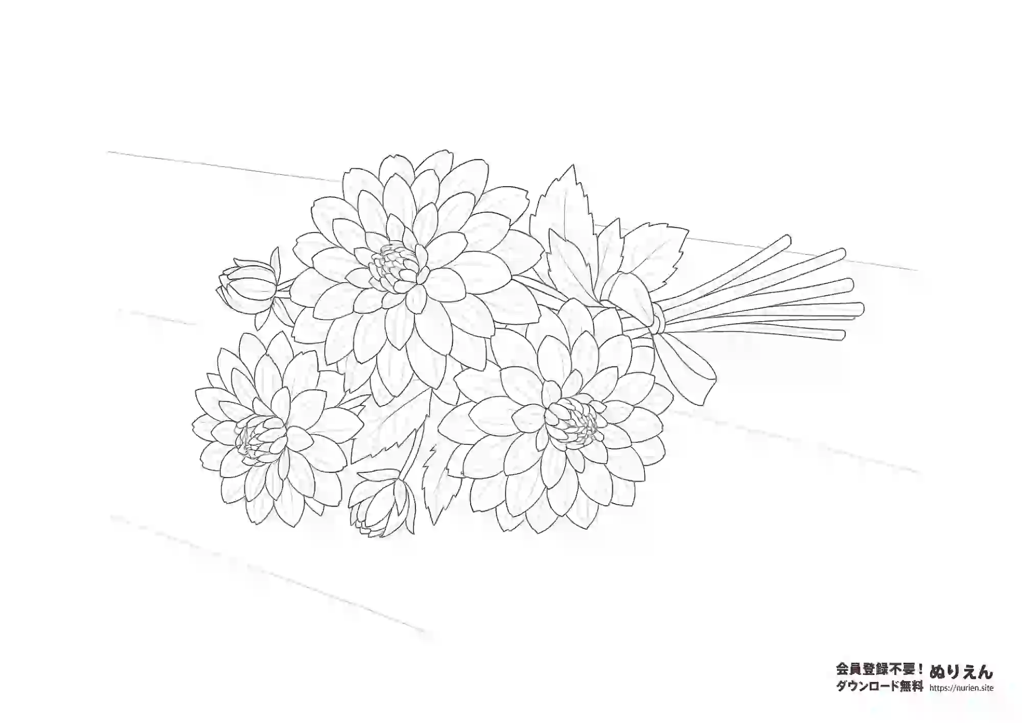 ダリアの花束の無料ぬりえ｜秋の花を楽しむ大人向け塗り絵素材