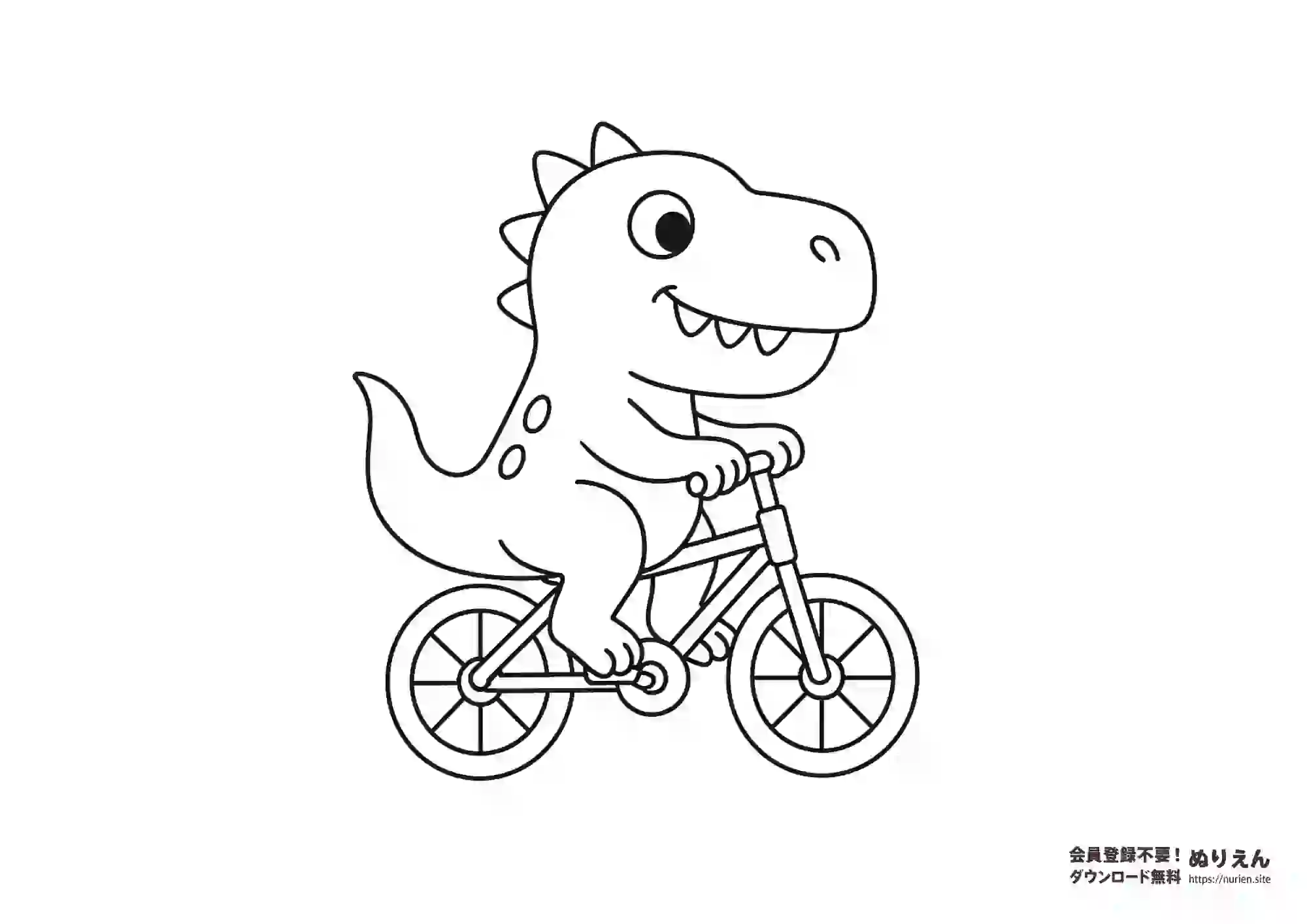 自転車に乗って笑顔の恐竜｜子ども向けぬりえ素材・のりもの×恐竜のかわいい線画