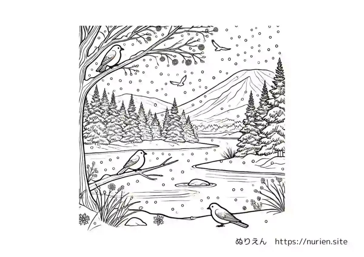 雪景色と小鳥と山が描かれた冬のぬりえ