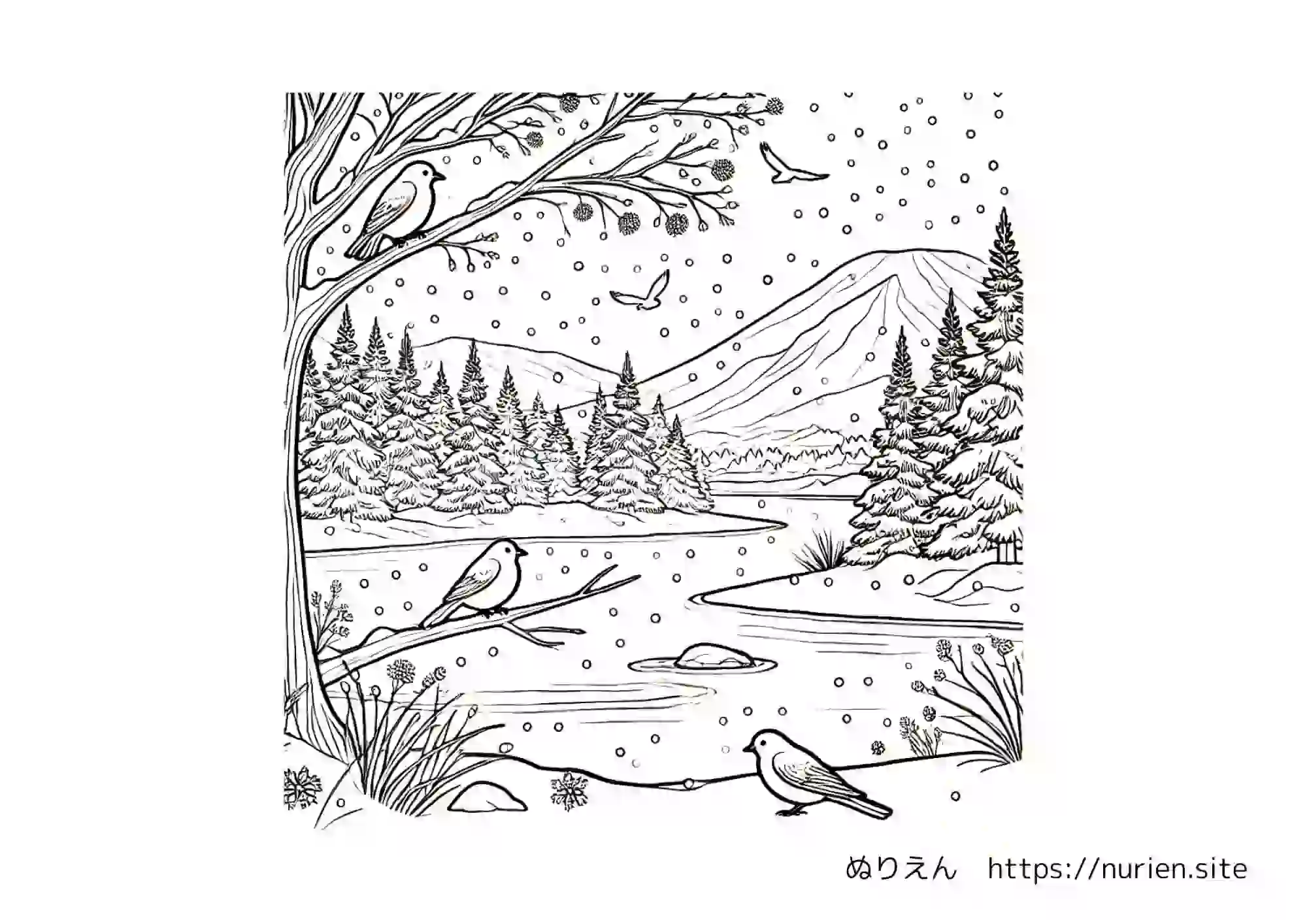 雪景色と小鳥と山が描かれた冬のぬりえ