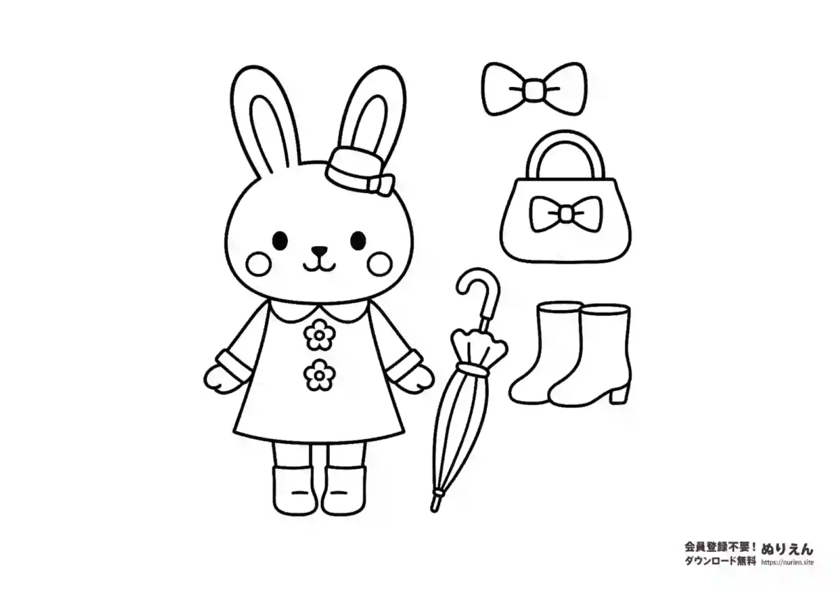 帽子とワンピース姿のかわいいうさぎと小物のぬりえ｜幼児向け