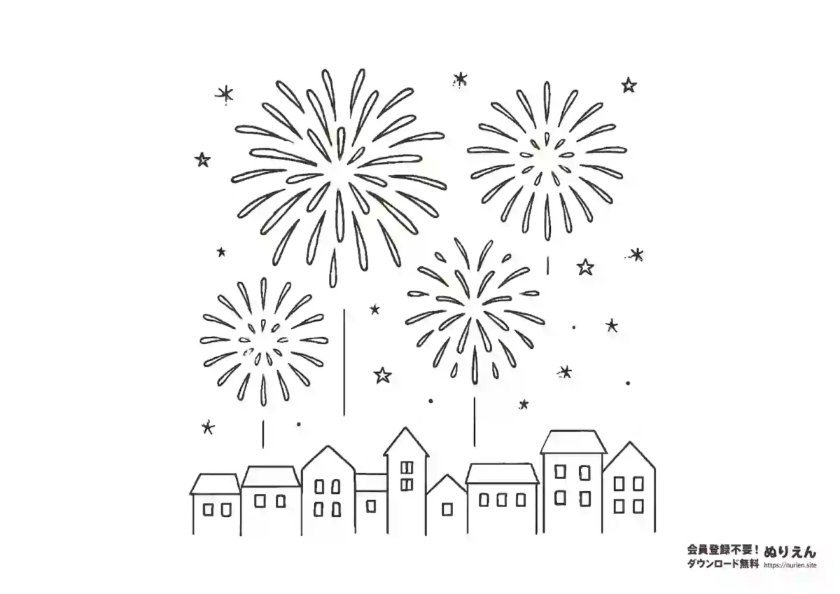 花火と町並みのぬりえ｜夜空に咲く夏の花火大会の無料塗り絵