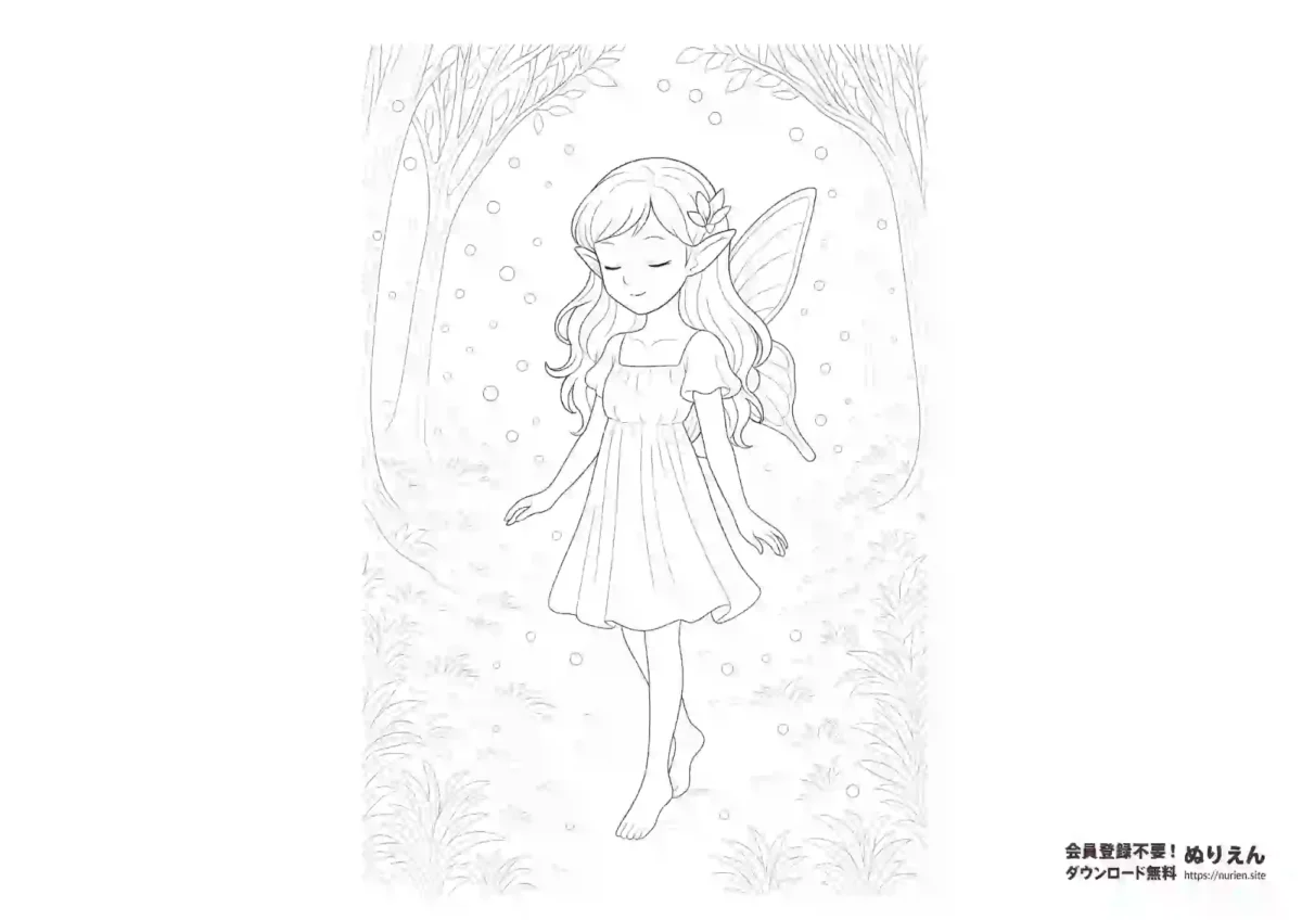 森を歩く優しい表情の妖精のぬりえ｜花飾りと羽根を持つ可憐なフェアリー