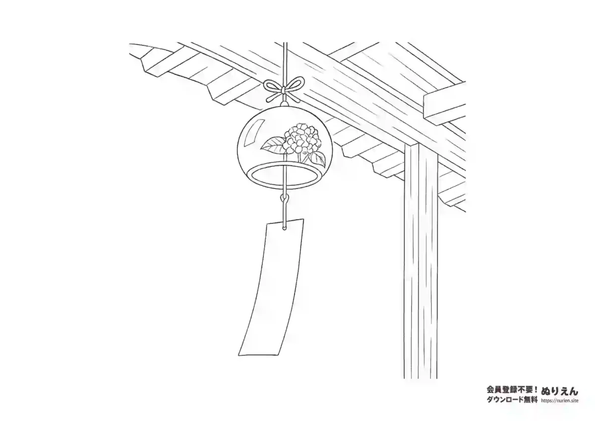 縁側に吊るされた風鈴のぬりえ｜アジサイの模様入りガラス風鈴の線画