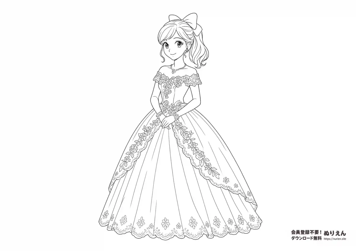 花柄のドレスを着た可愛い女の子のぬりえ