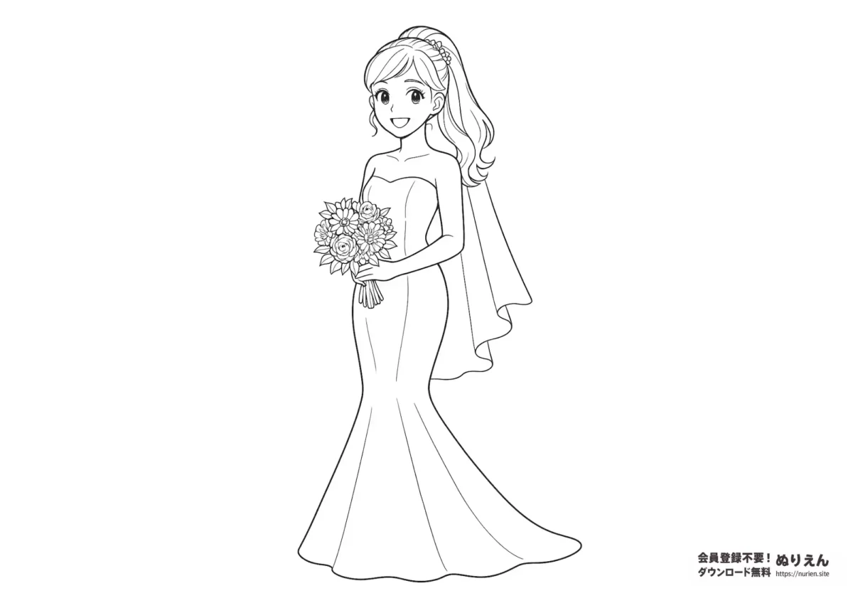 花束を持つ笑顔の花嫁姿の女の子ぬりえ