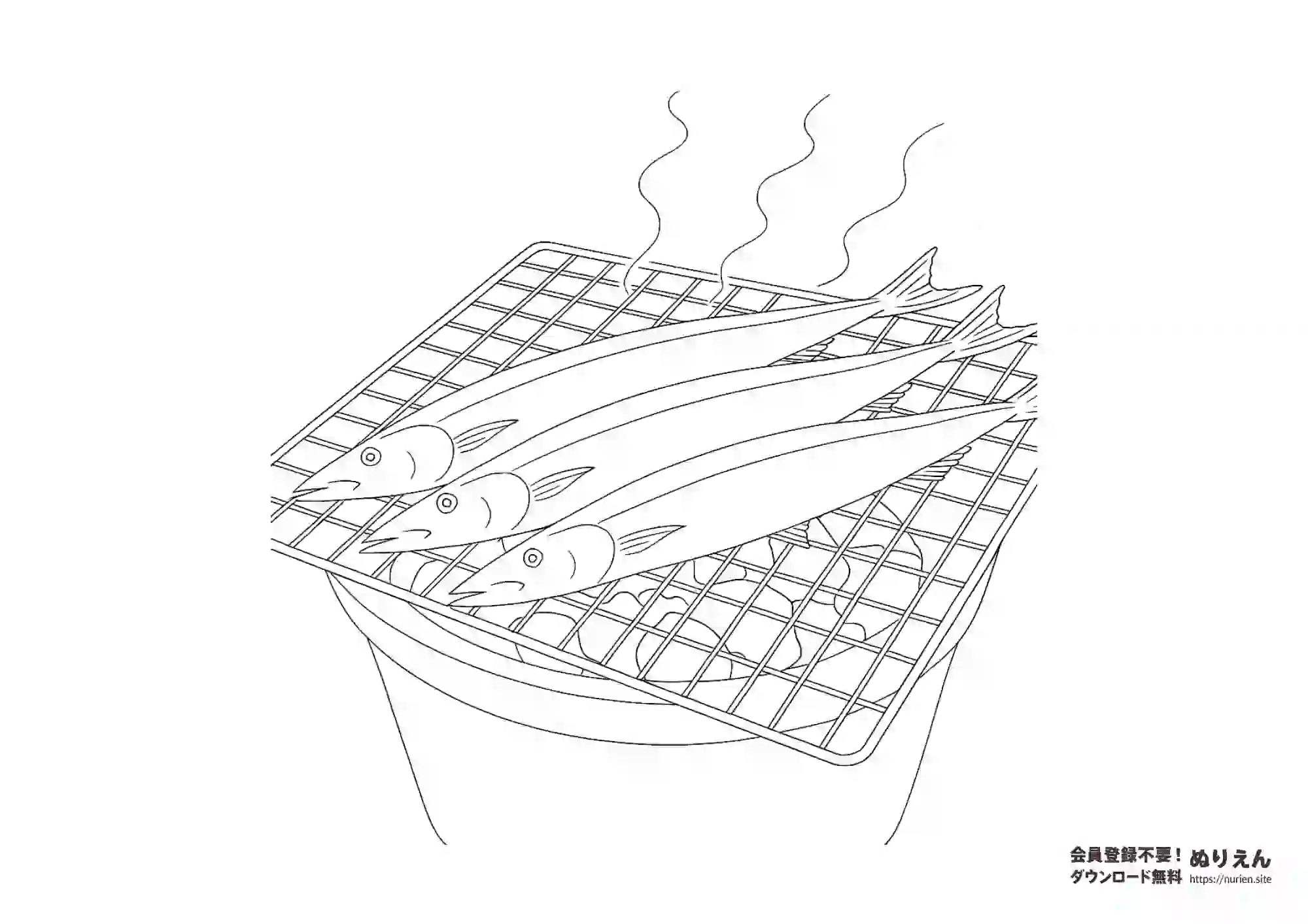 秋の味覚・さんまの炭火焼き無料ぬりえ｜食育にも使える塗り絵素材