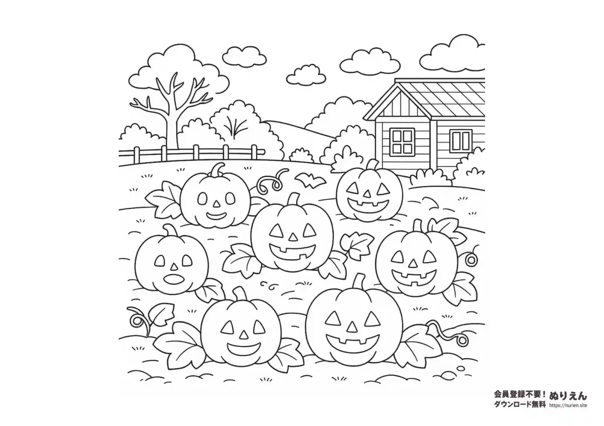 ハロウィンのかぼちゃ畑に並ぶ笑顔のジャックオーランタンたちのぬりえ（子ども向け）