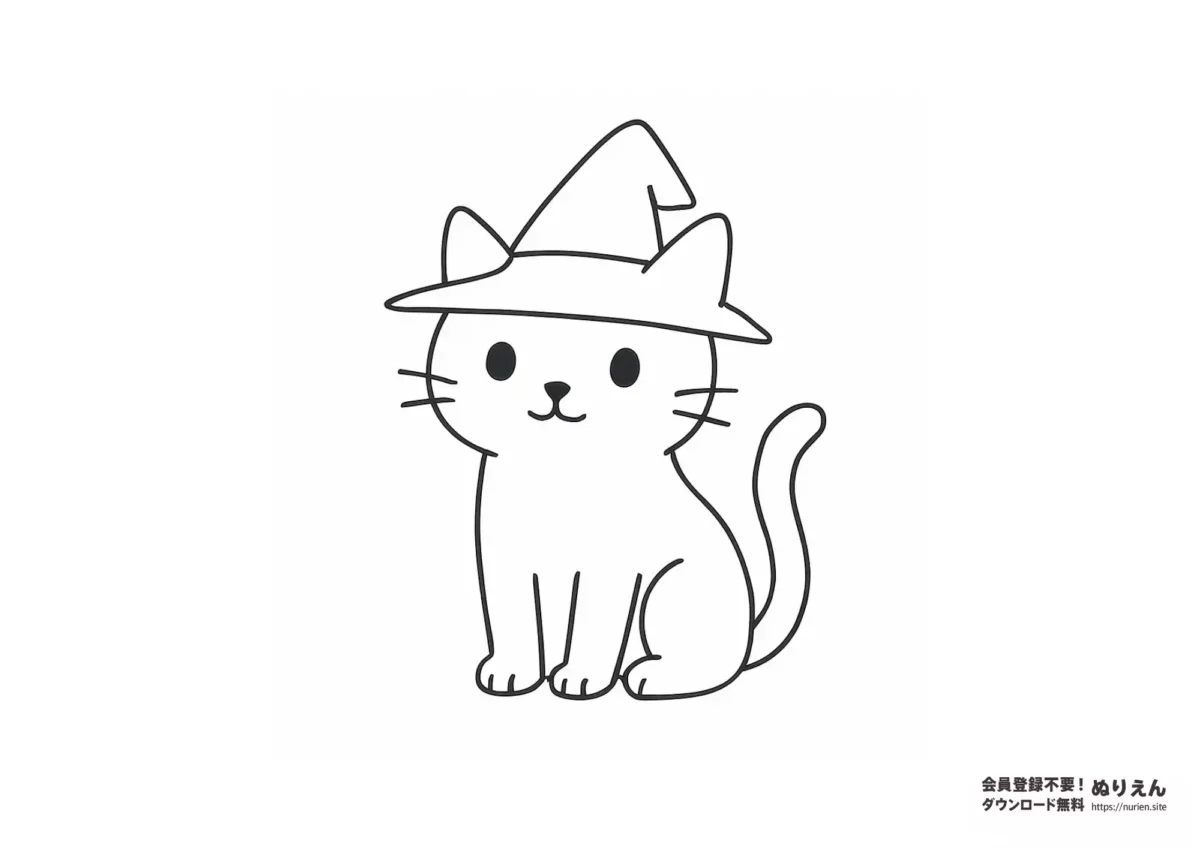 とんがり帽子をかぶった魔女のねこのぬりえ