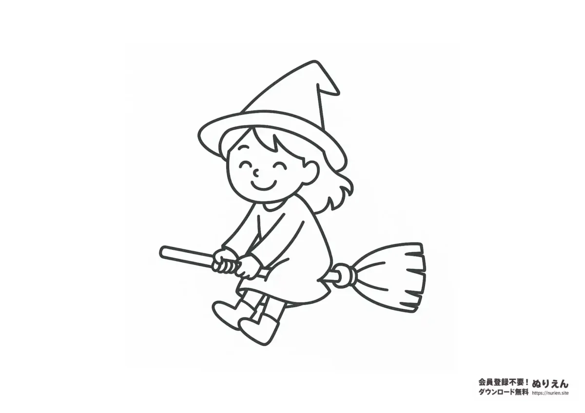 ほうきに乗って空を飛ぶ魔女の女の子のぬりえ