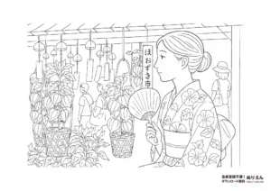 無料DL】浴衣姿の女の子と花火のぬりえ｜あじさい柄が美しい夏祭りの