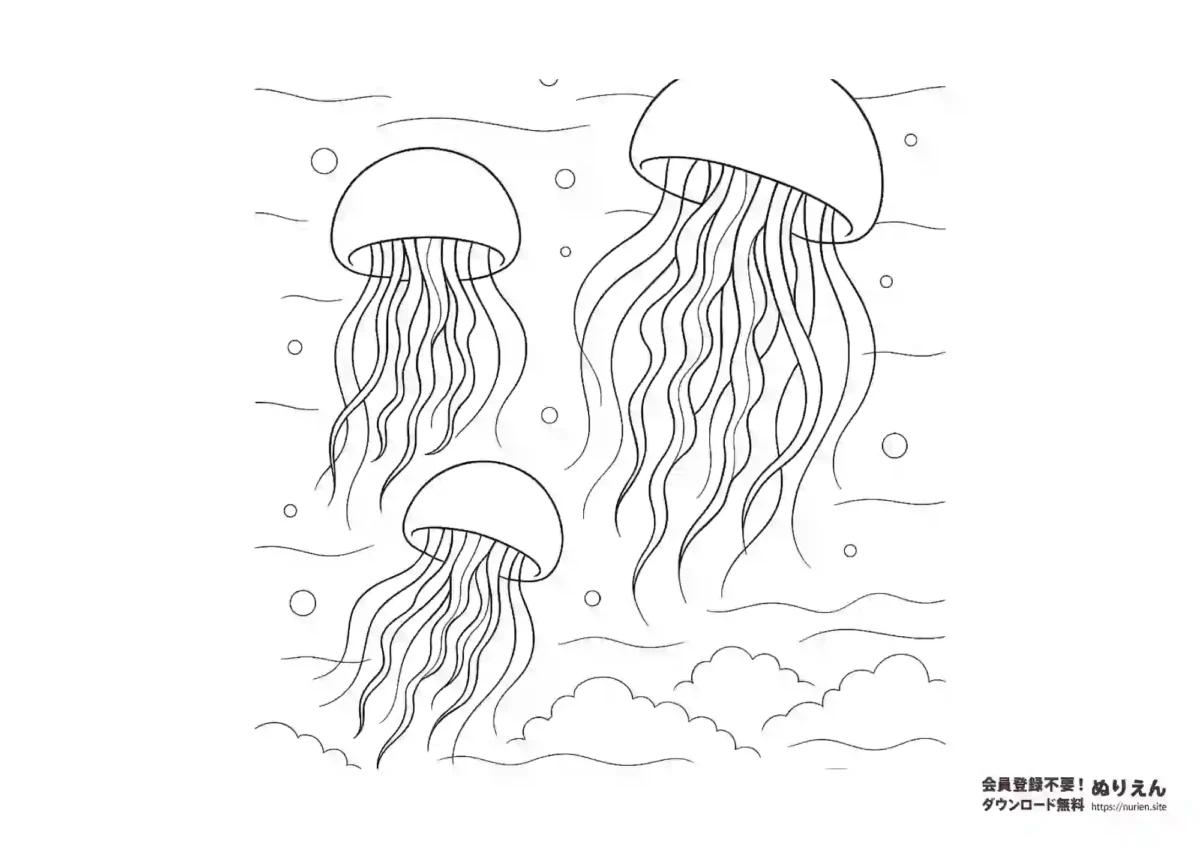 幻想的なクラゲの無料ぬりえ｜3匹のクラゲが漂う海の風景