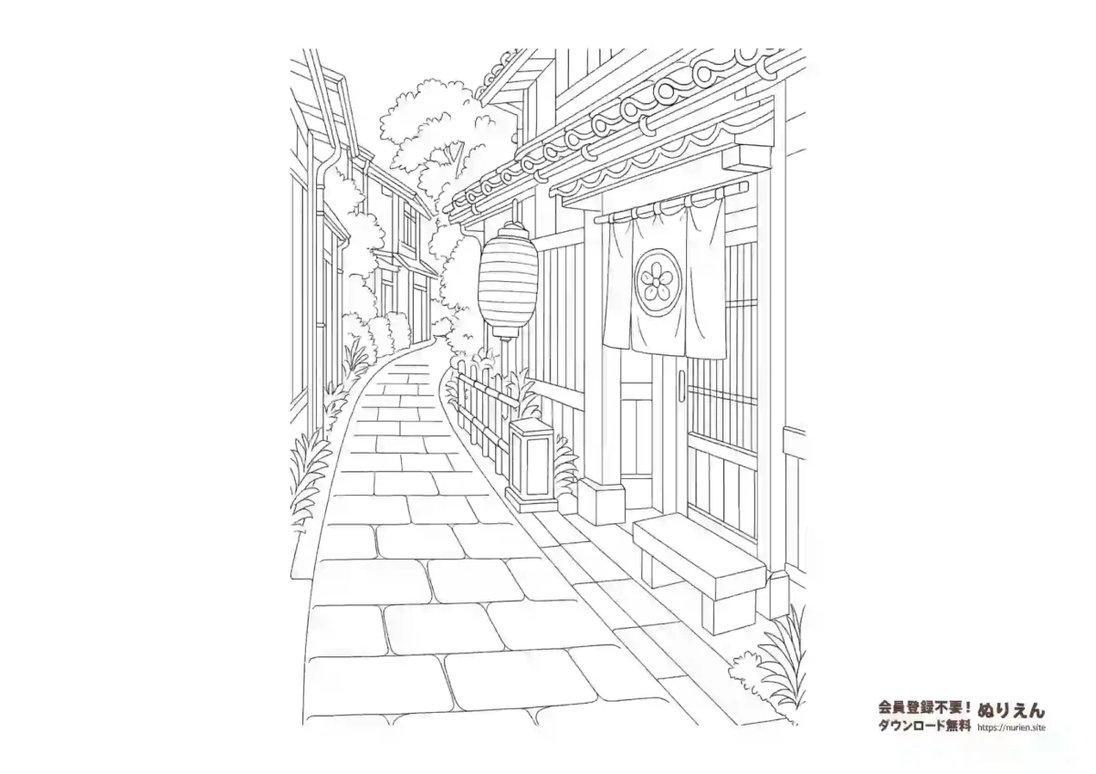 京都の小路にある茶屋と石畳の町並みのぬりえ