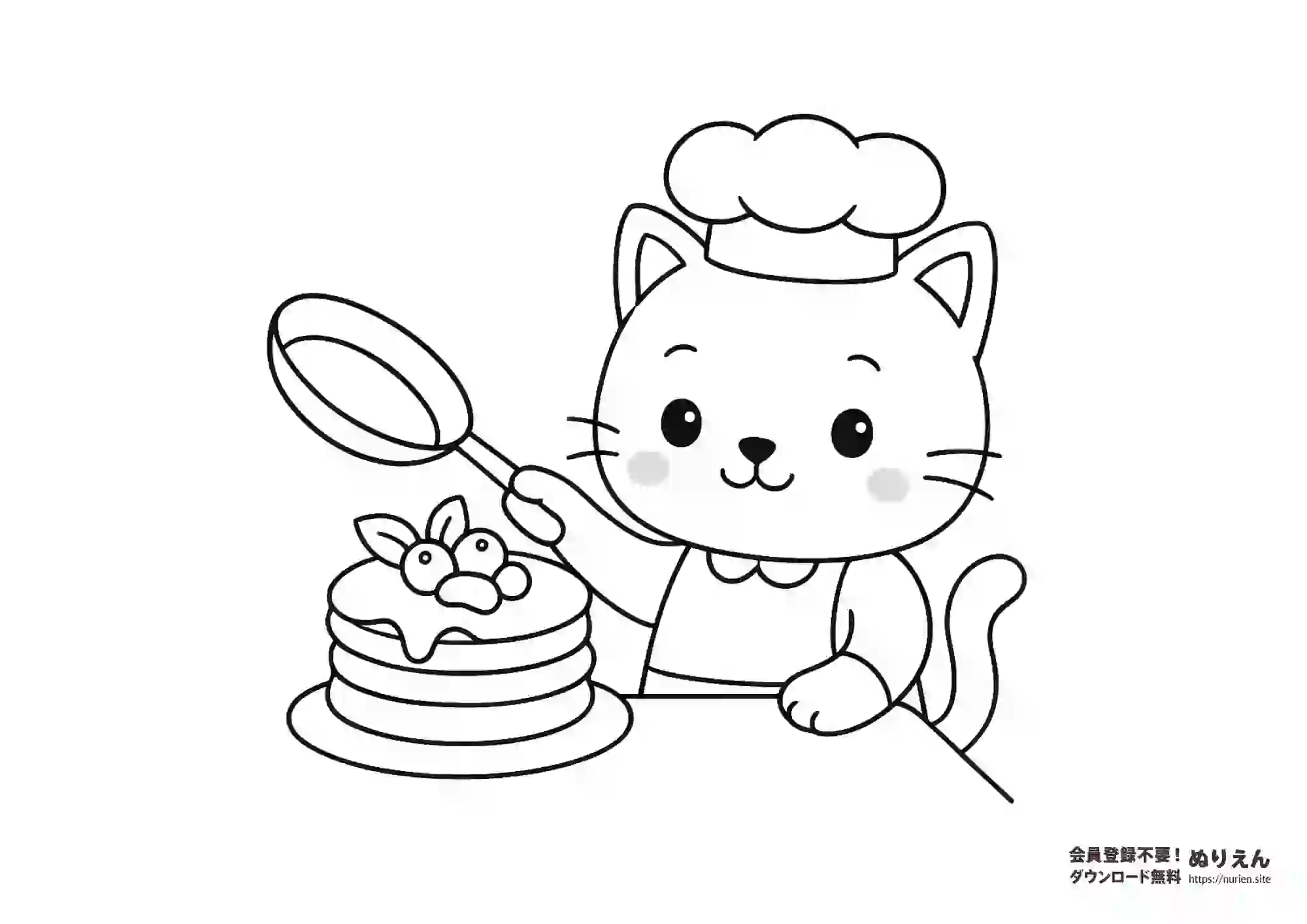 パンケーキを焼くコック帽のねこのぬりえ｜子ども向けかわいいイラスト