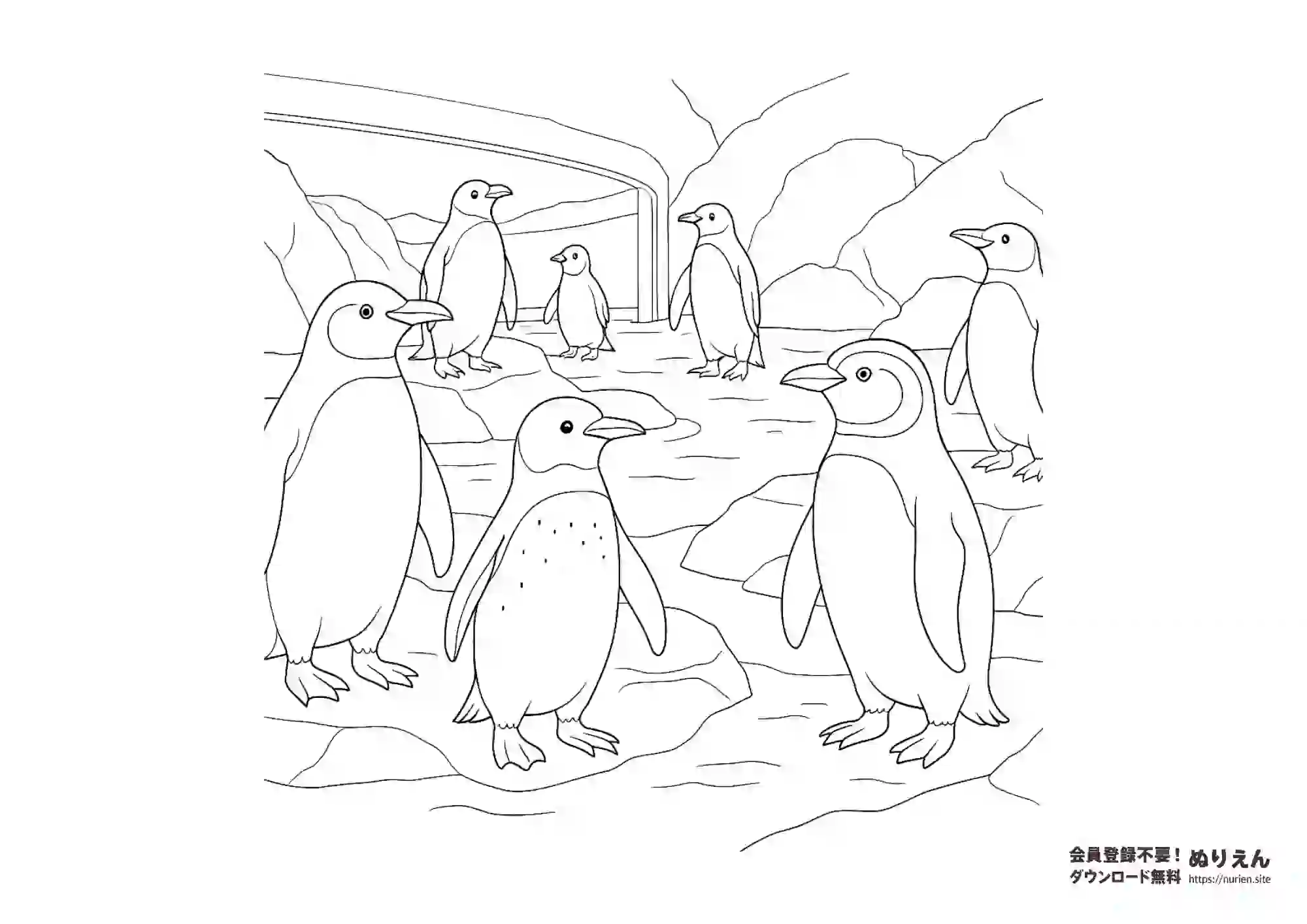 水族館で集まるペンギンたちの可愛い塗り絵｜無料ダウンロード素材