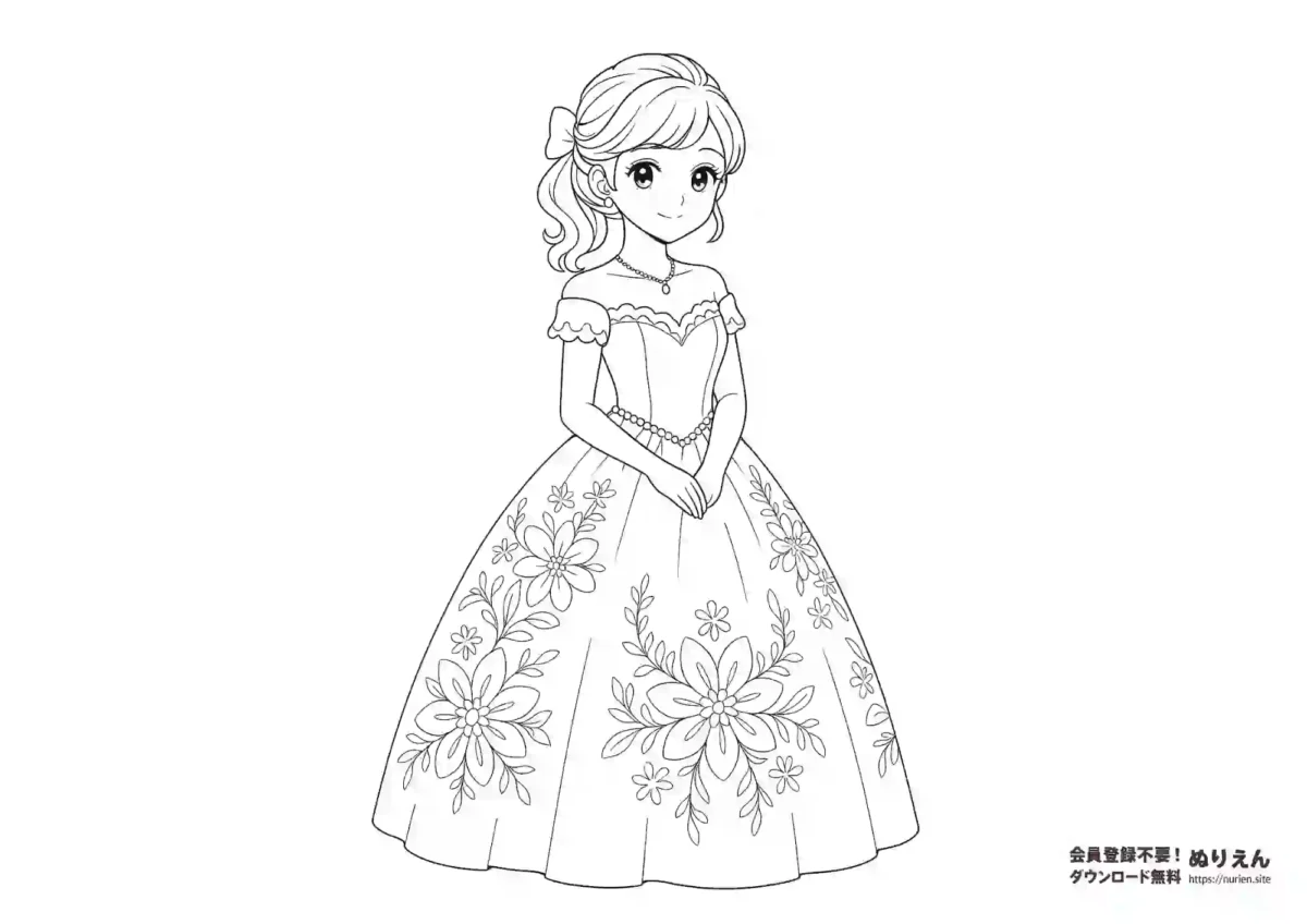 お花のドレスを着たプリンセスのぬりえ