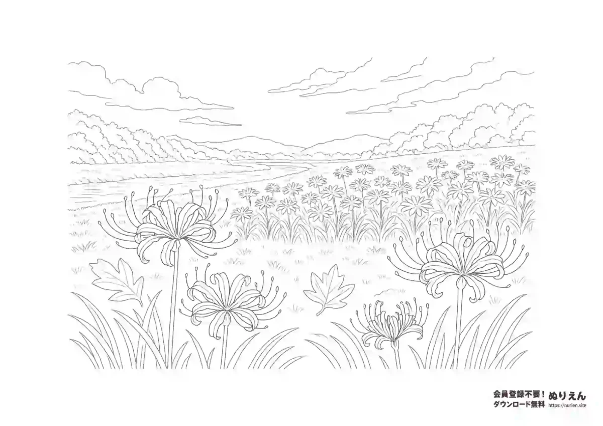 川辺に咲く彼岸花の無料ぬりえ｜秋の花と風景の塗り絵素材