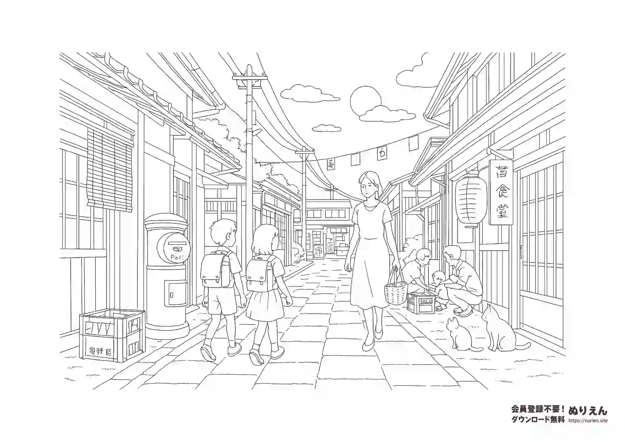 昭和レトロな商店街の風景ぬりえ
