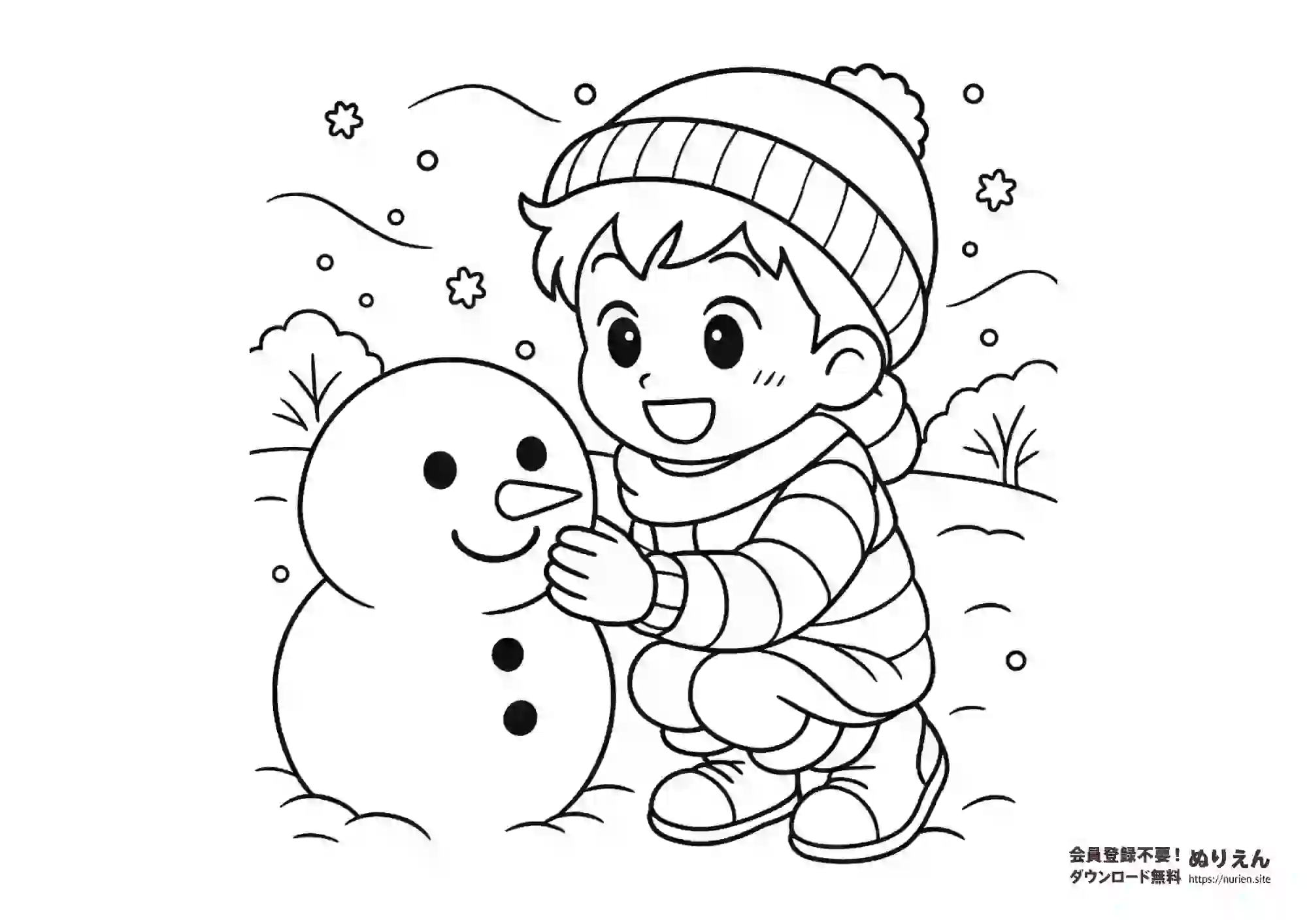 雪だるまを作る男の子のぬりえ 冬遊び