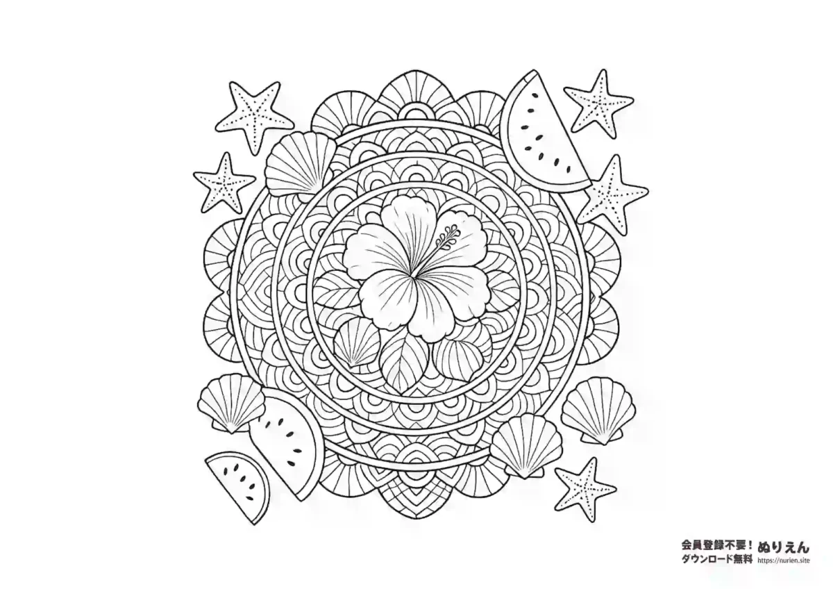 ハイビスカスと貝殻が描かれた夏の曼荼羅ぬりえ｜スイカとヒトデもある華やかな線画素材