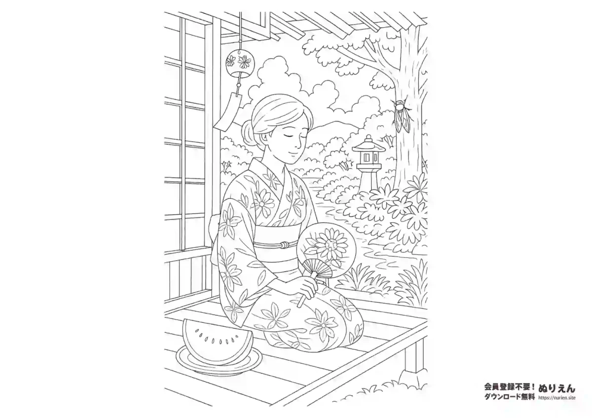 縁側でスイカを前に涼む浴衣の女性のぬりえ｜夏の和風塗り絵