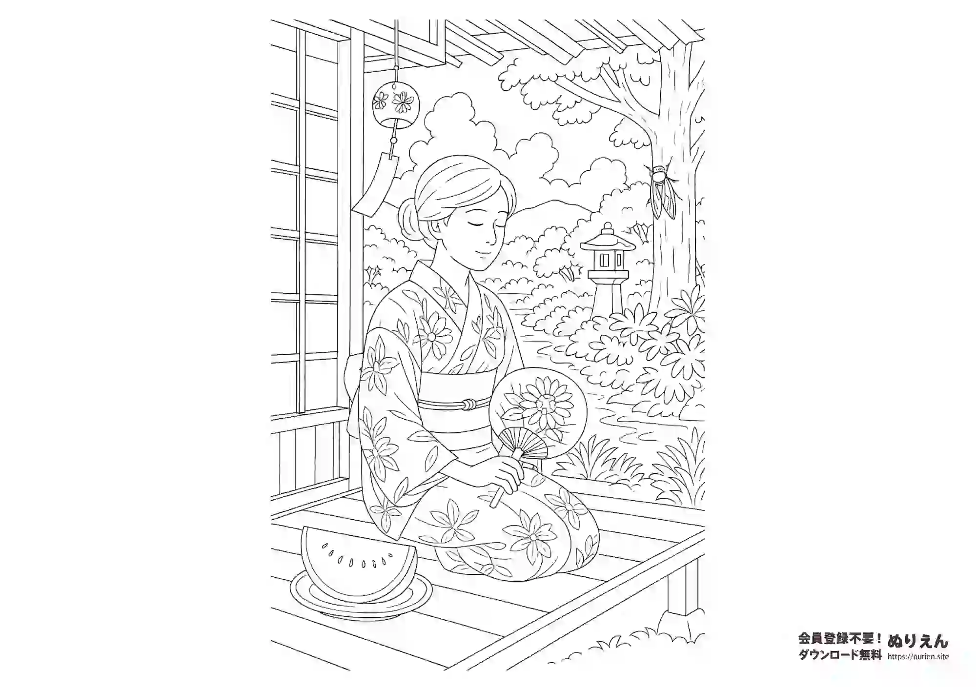縁側でスイカを前に涼む浴衣の女性のぬりえ｜夏の和風塗り絵