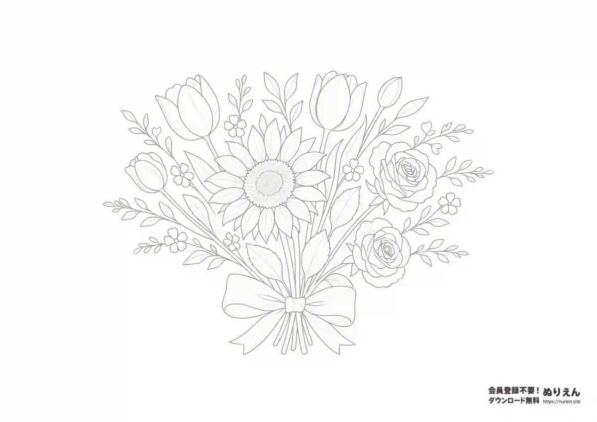 ひまわりとバラの花束ぬりえ