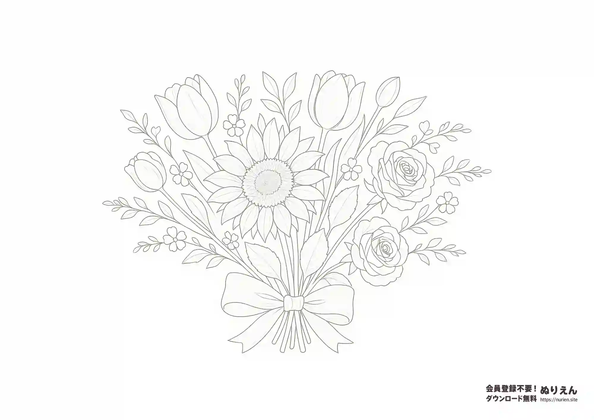 ひまわりとバラの花束ぬりえ