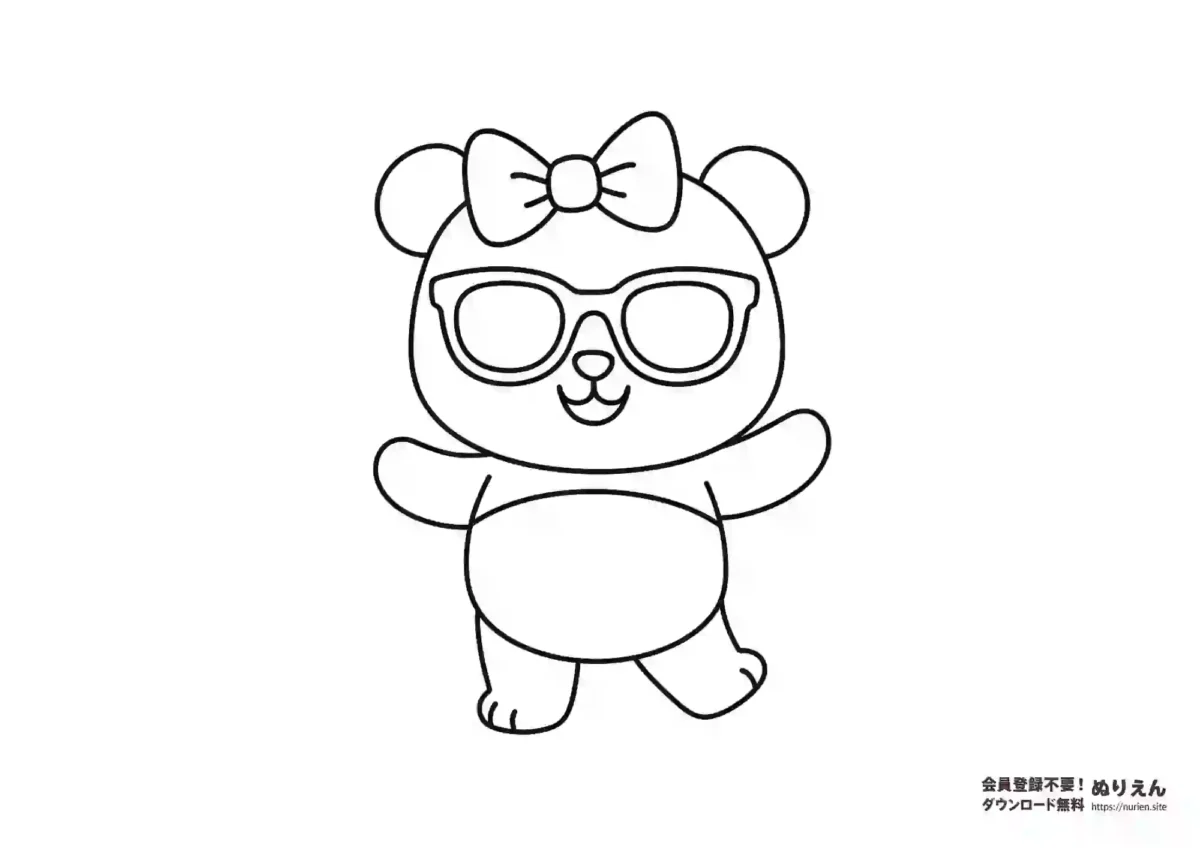 サングラスとリボンをつけたパンダのキャラクターのぬりえ｜子ども向け