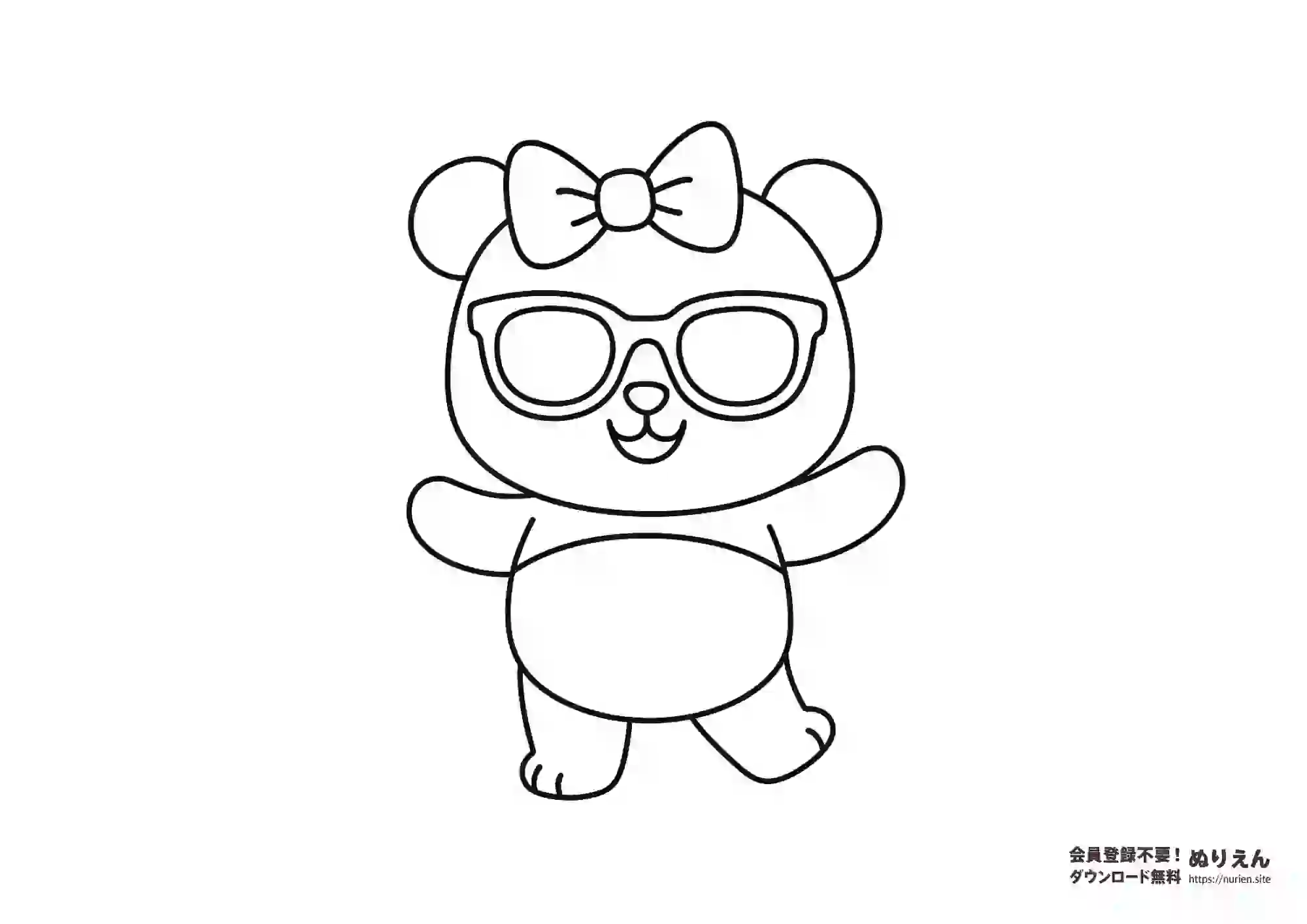 サングラスとリボンをつけたパンダのキャラクターのぬりえ｜子ども向け