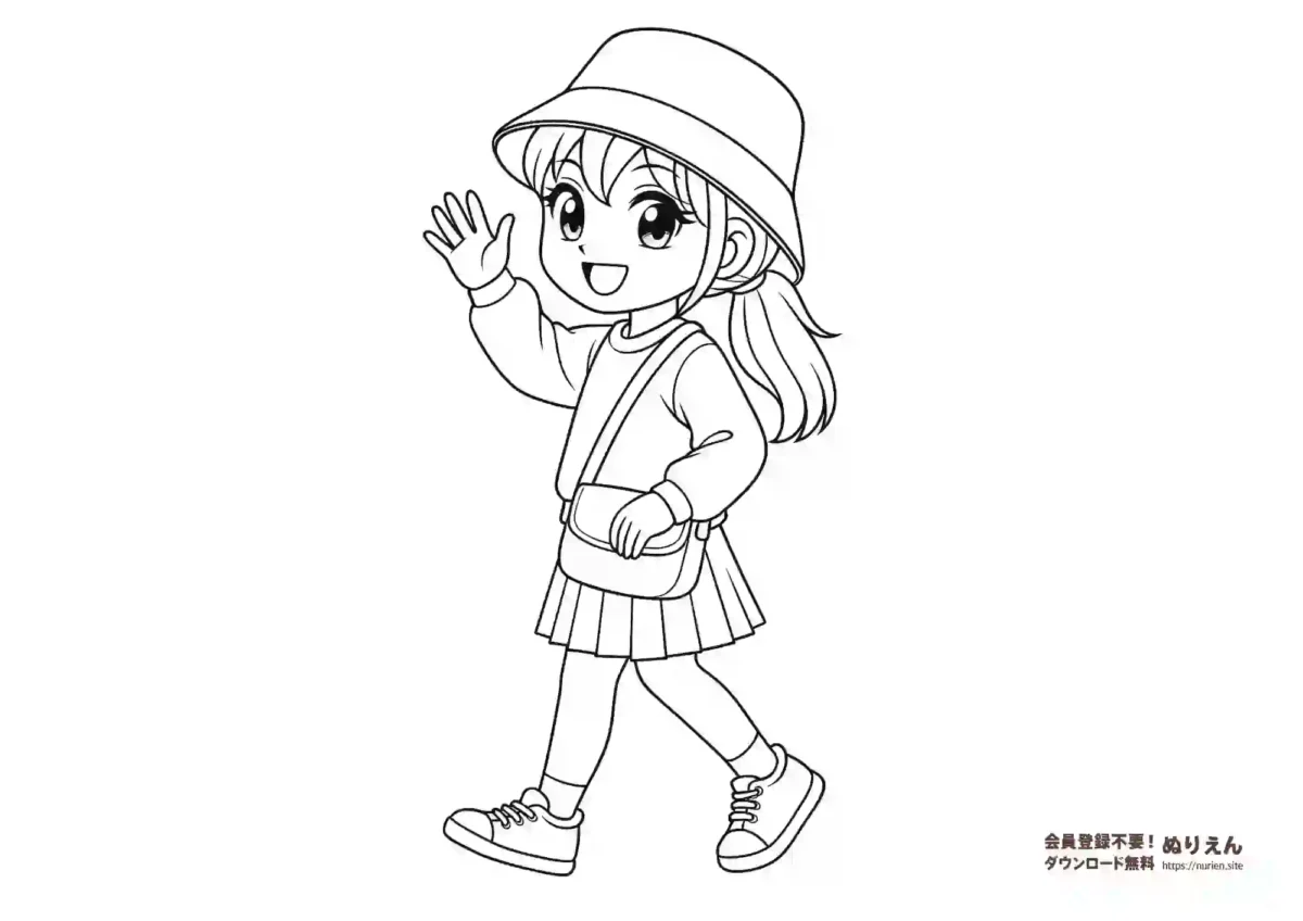 帽子をかぶって手を振る元気な女の子のぬりえ