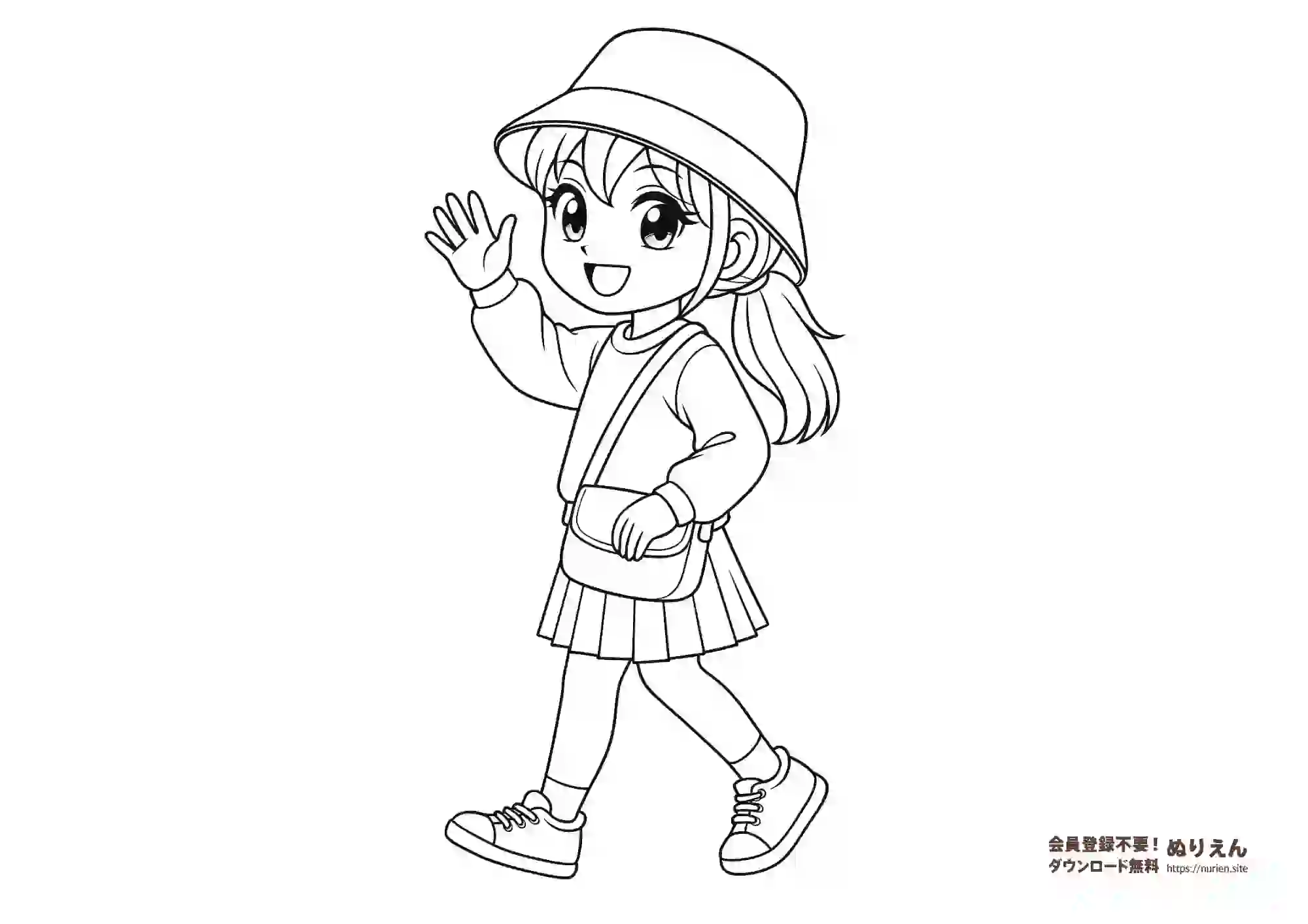 帽子をかぶって手を振る元気な女の子のぬりえ