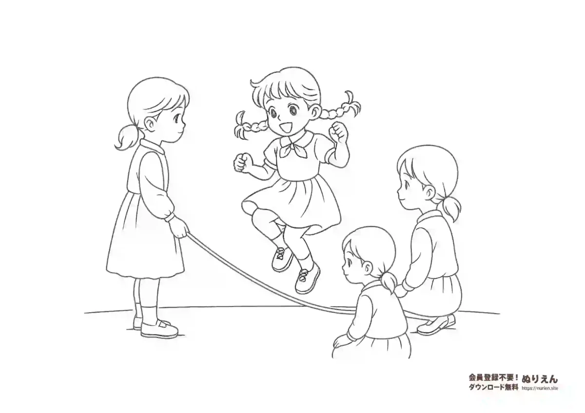 ゴム飛びを楽しむ女の子たちのぬりえ｜昭和の遊び・昔遊び素材