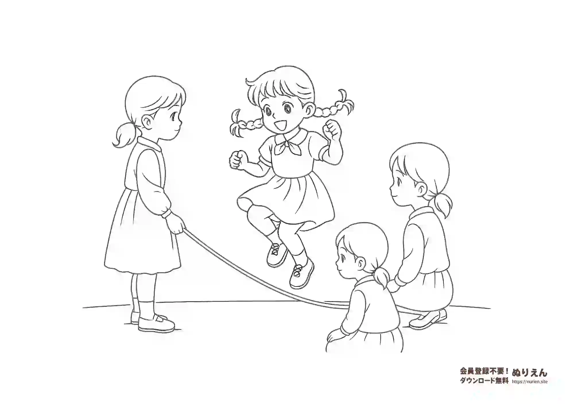 ゴム飛びを楽しむ女の子たちのぬりえ｜昭和の遊び・昔遊び素材