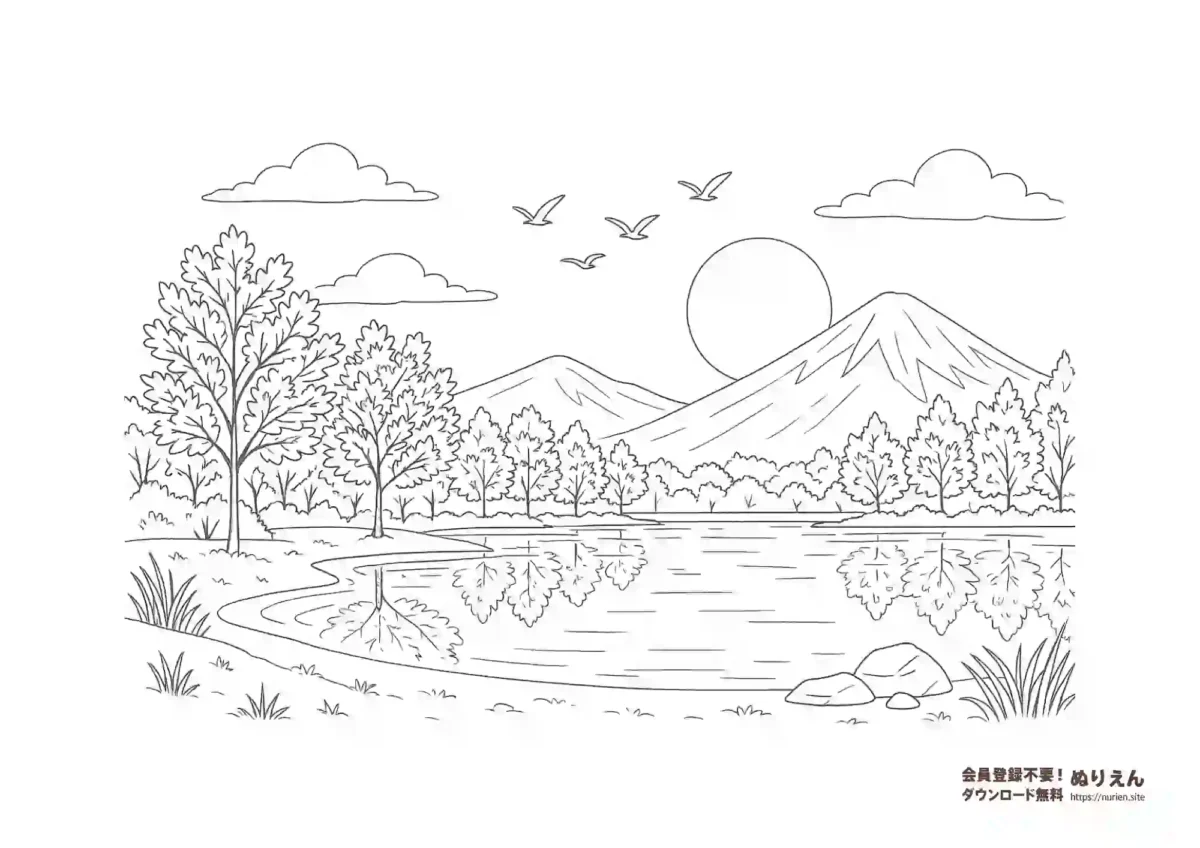 湖と山の風景ぬりえ｜木々と水面に映る自然の景色