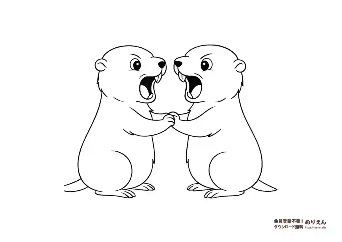 向かい合って威嚇する2匹のマーモットのぬりえ｜かわいい動物イラスト