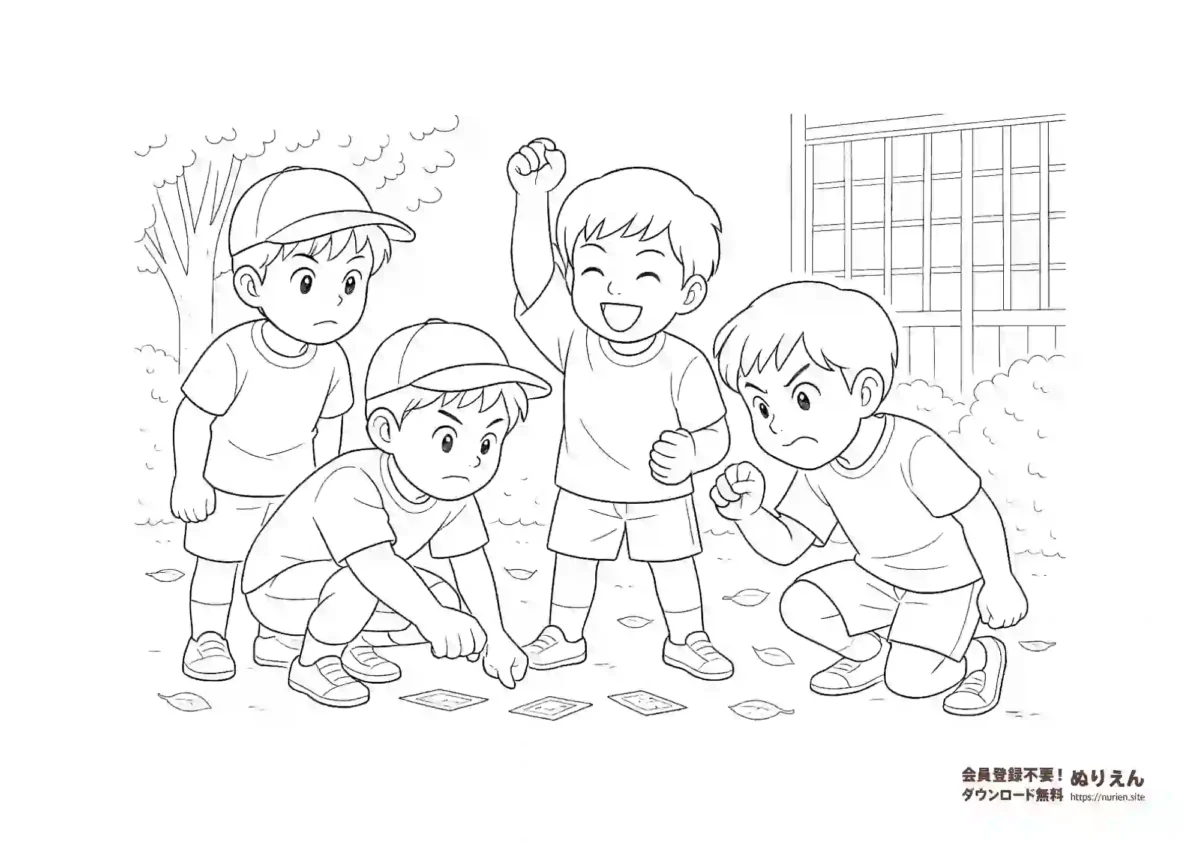 めんこ遊びをする男の子たちのぬりえ｜日本の伝統遊び