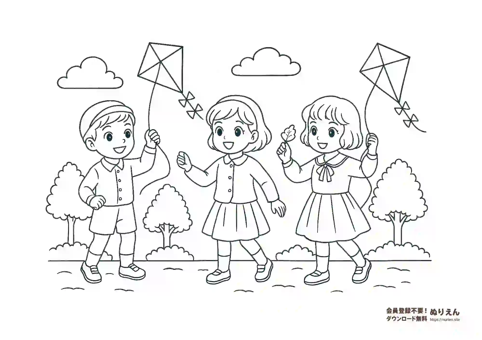 凧あげを楽しむ子どもたちのぬりえ|お正月・昔遊び素材